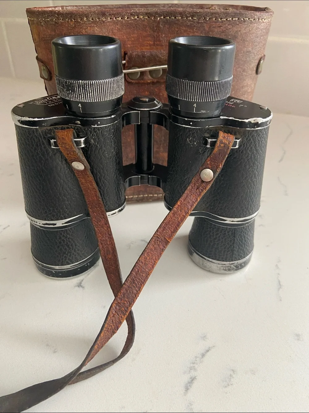 Vintage Skyline Schneider 7x35 Binoculars Germany Leather Case Working